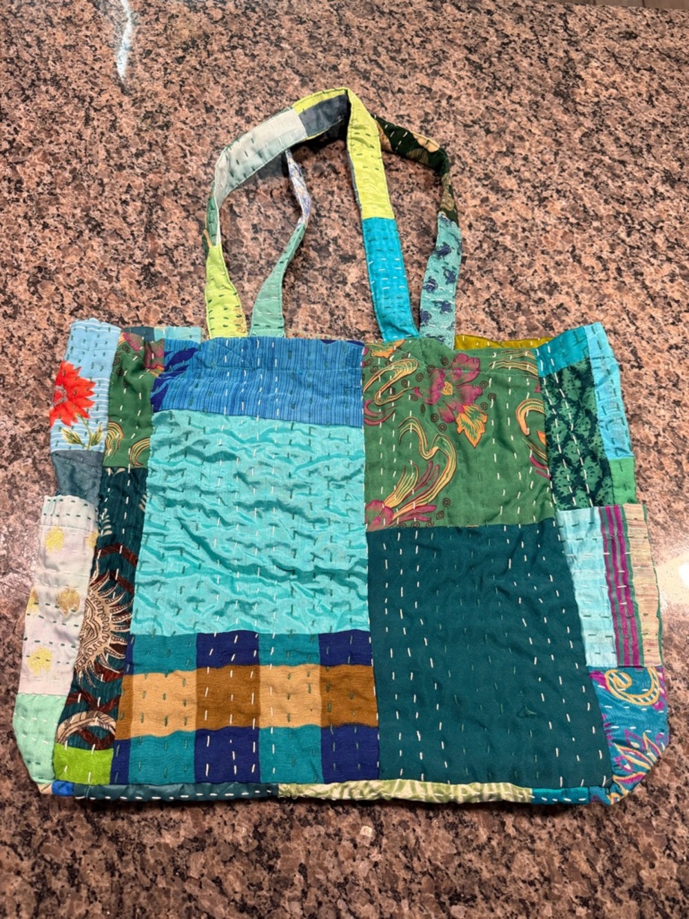 World Market Patchwork Tote Bag in Teal and Green